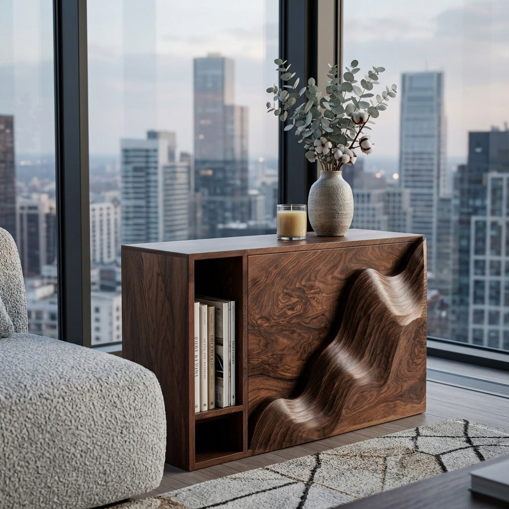 Organic Wooden Side Table With Carved Wave Front For Living
