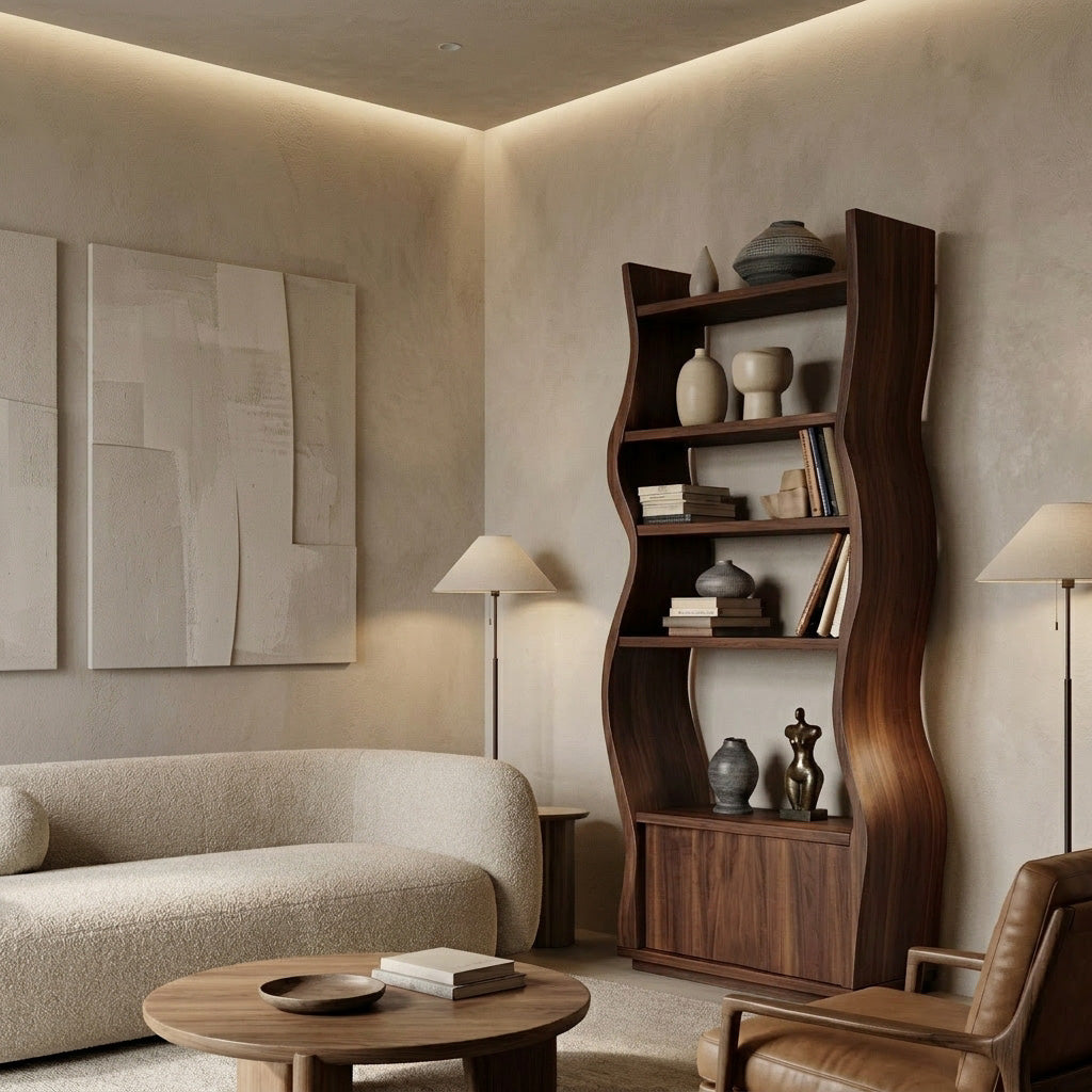 Contemporary Sculptural Wooden Standing Shelf For Home