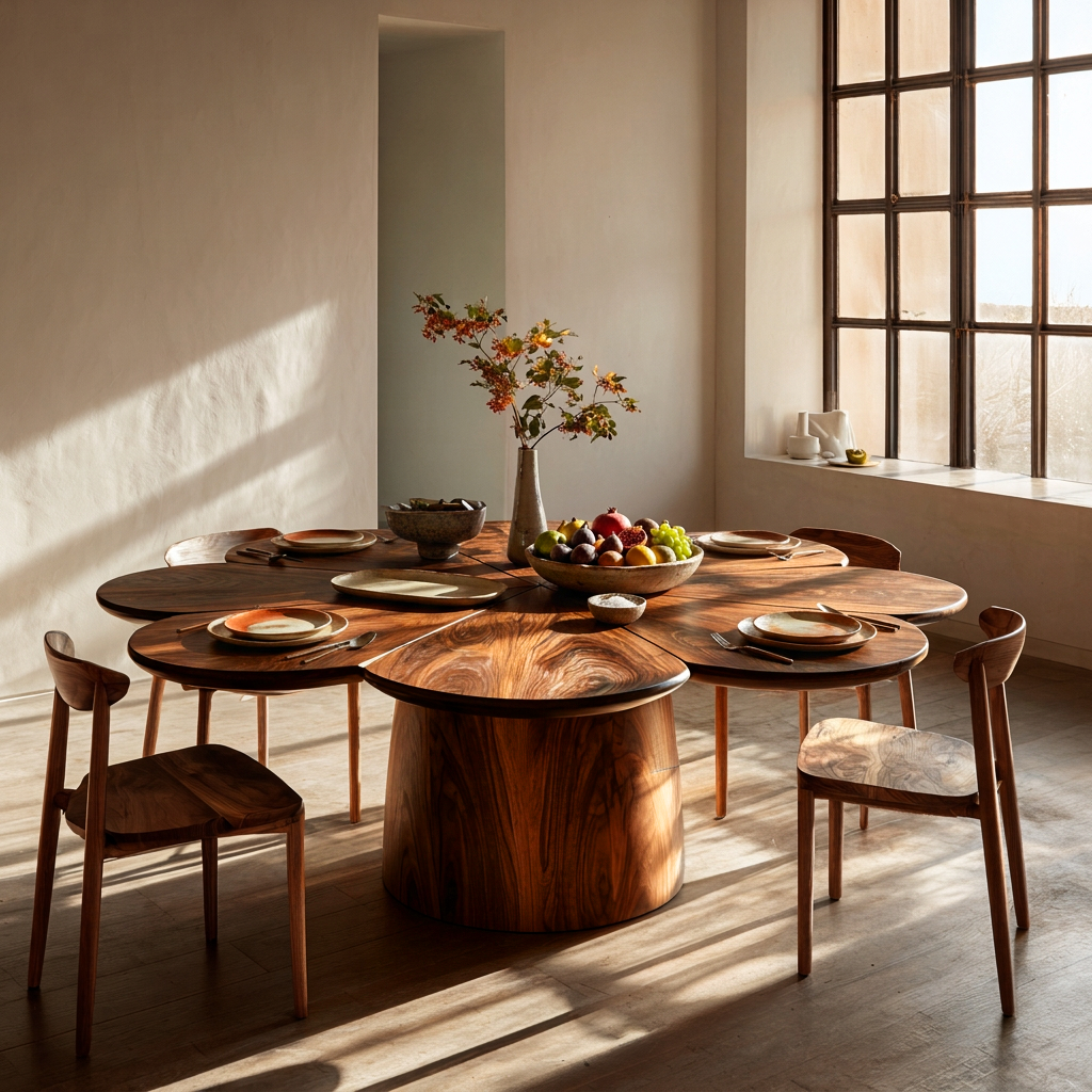 Contemporary Wooden Dining Table With Flower Shape Tabletop For Kitchen