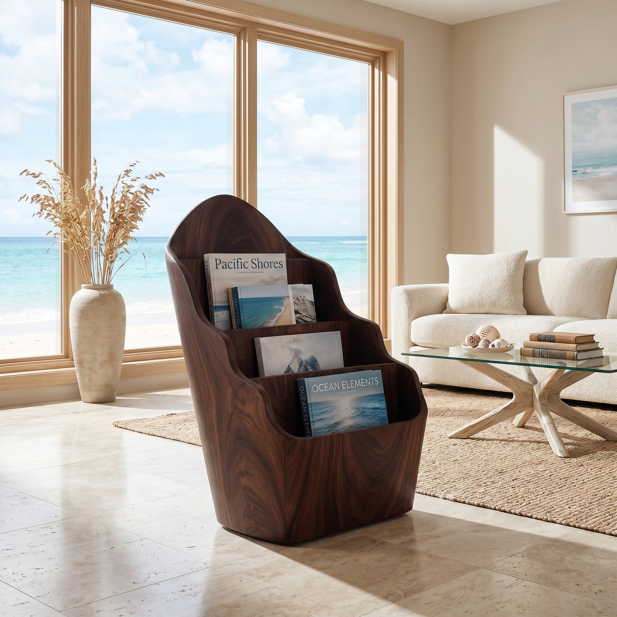 Organic Wooden Curved Tiered Magazine Rack For Living Room