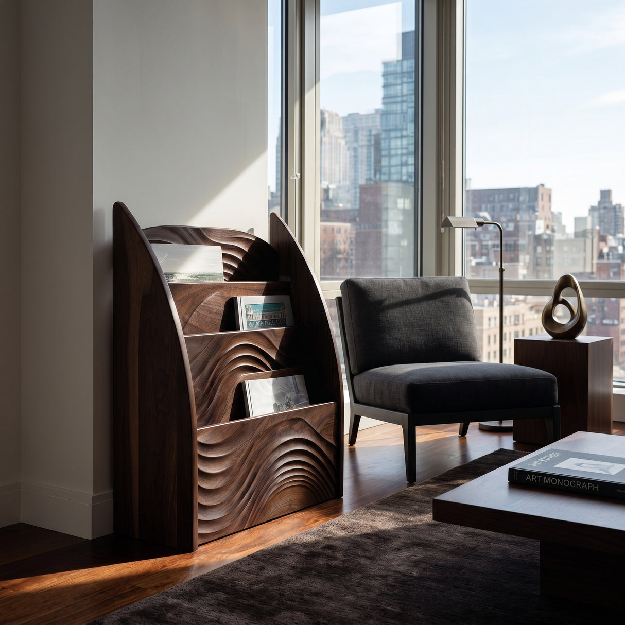 Contemporary Wooden Wave Carved Magazine Rack For Living Room