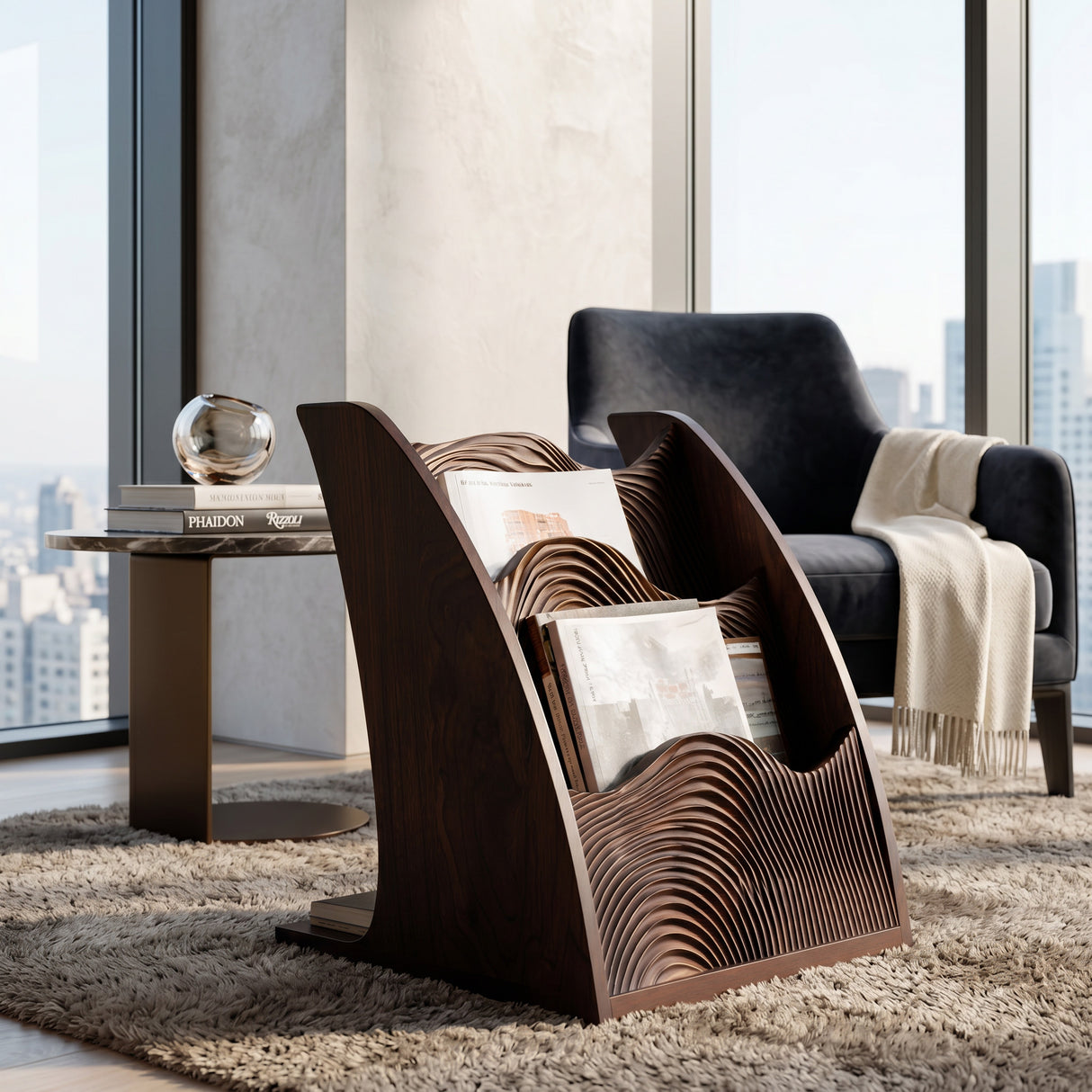 Organic Wooden Wave Panel Magazine Rack For Living Room