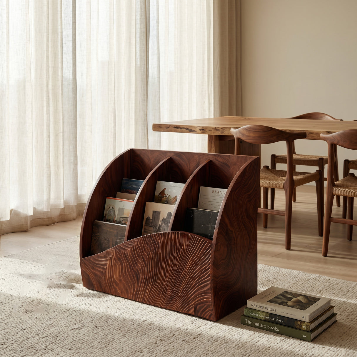 Contemporary Wooden Triple Section Magazine Rack For Living Room