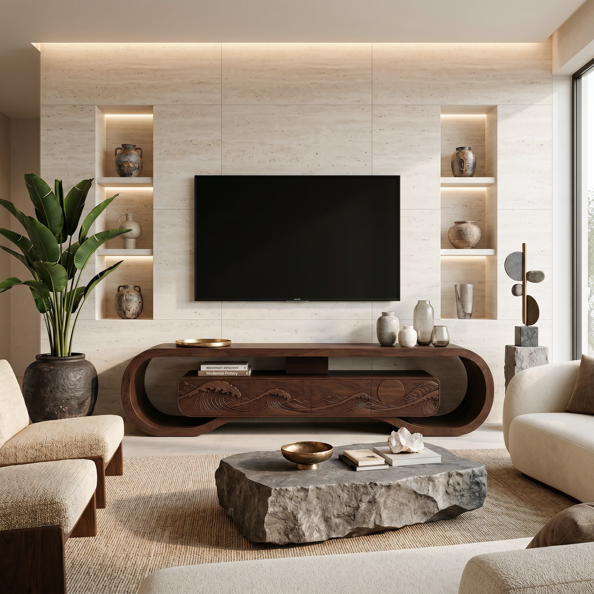 Wooden TV Stand With Carved Ocean Wave For Luxury Home