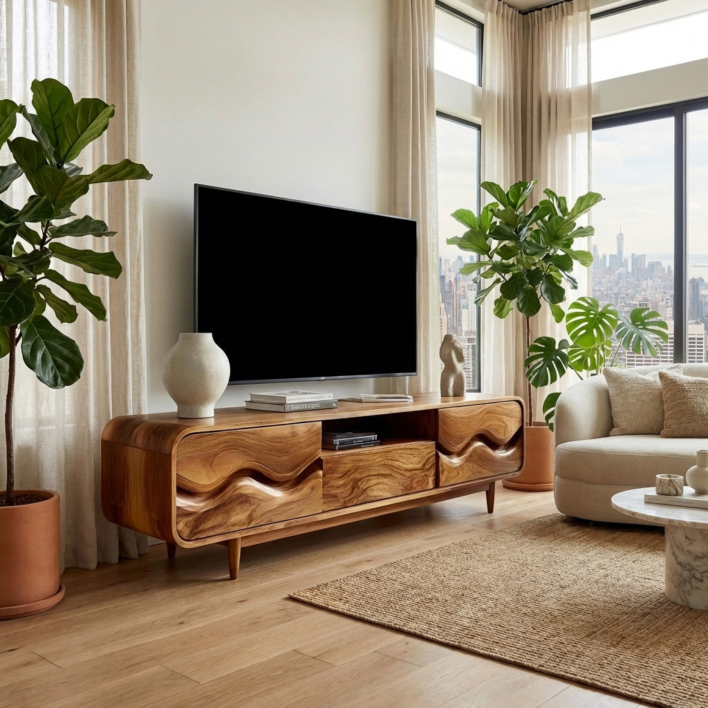 Mid Century Wood TV Cabinet With Wavy Pattern For Living