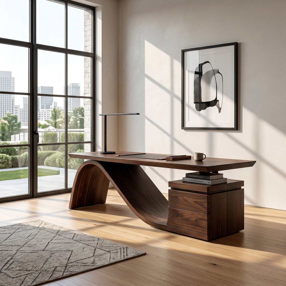 Organic Wooden Desk With Undulating Base For Home Office