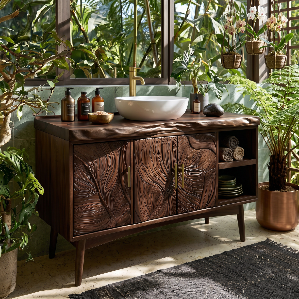 Urban Wooden Sink Vanity With Carved Doors Master Bathroom