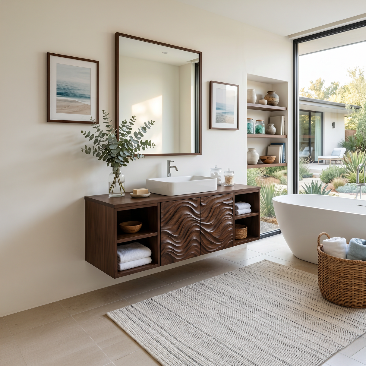 Organic Floating Bathroom Vanity With Open Shelves For Contemporary Bathroom