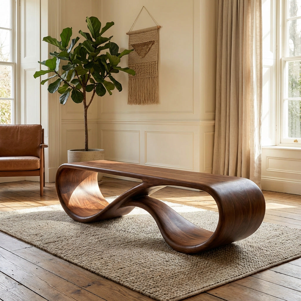 Modern Sculptural Natural Wood Bench For Entryway Decor Space