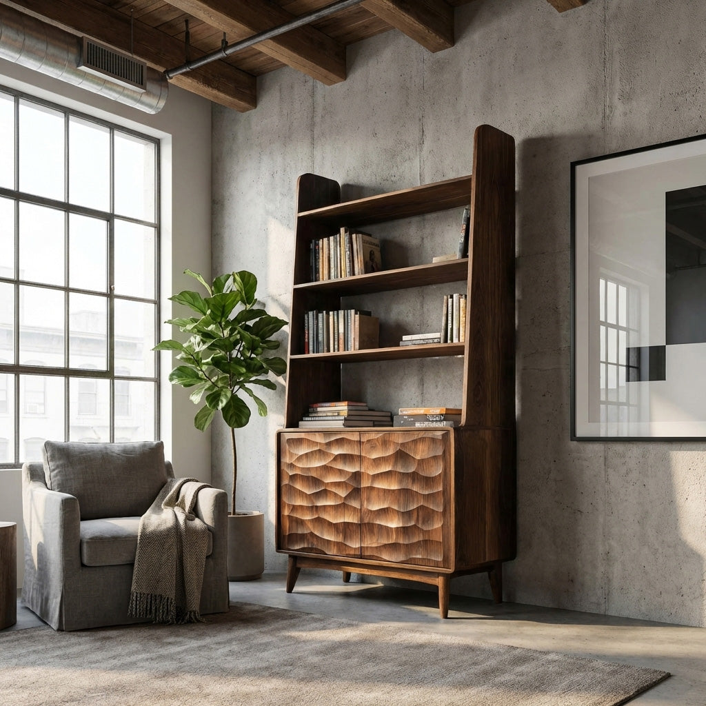 Modern Wooden Bookshelf With Carved Cabinet Doors For Home