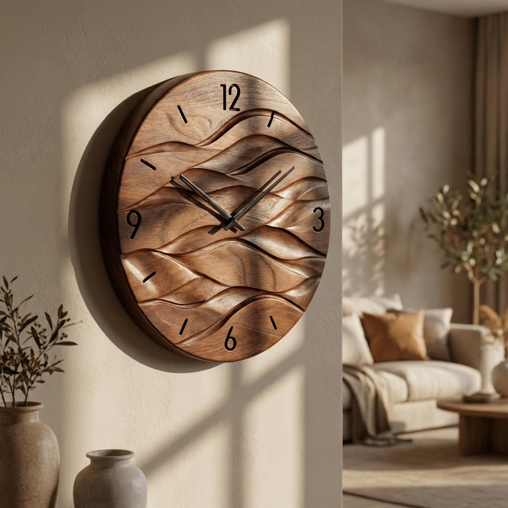 Organic Modern Wood Wave Wall Clock For Living Room
