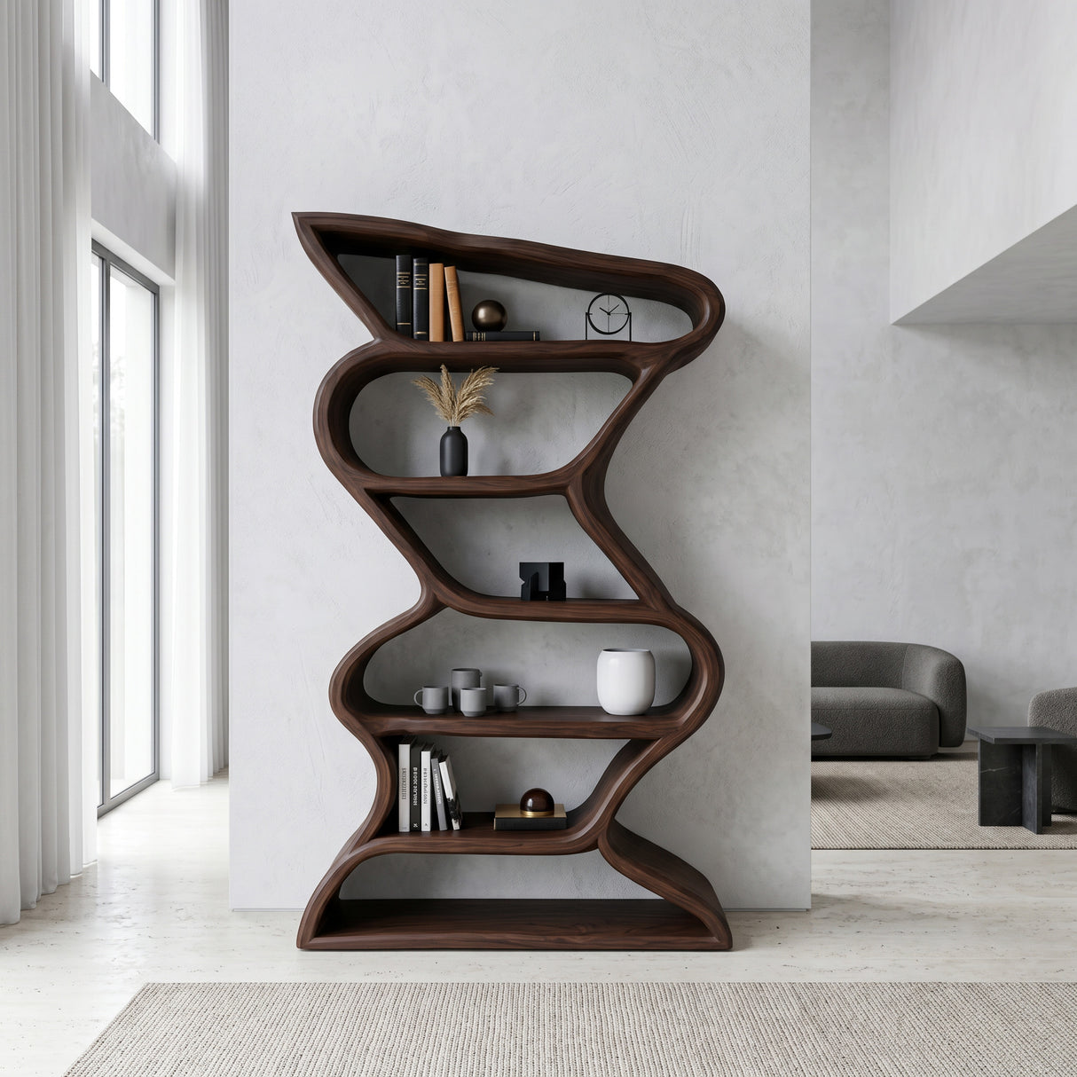 Modern Sculptural Bookshelf With Seamless Tiers For Living Room