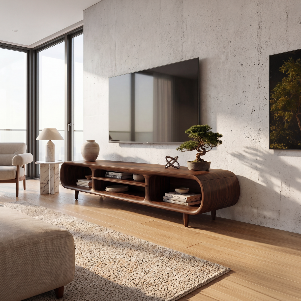 Minimalist Curved TV Stand For Apartment Space
