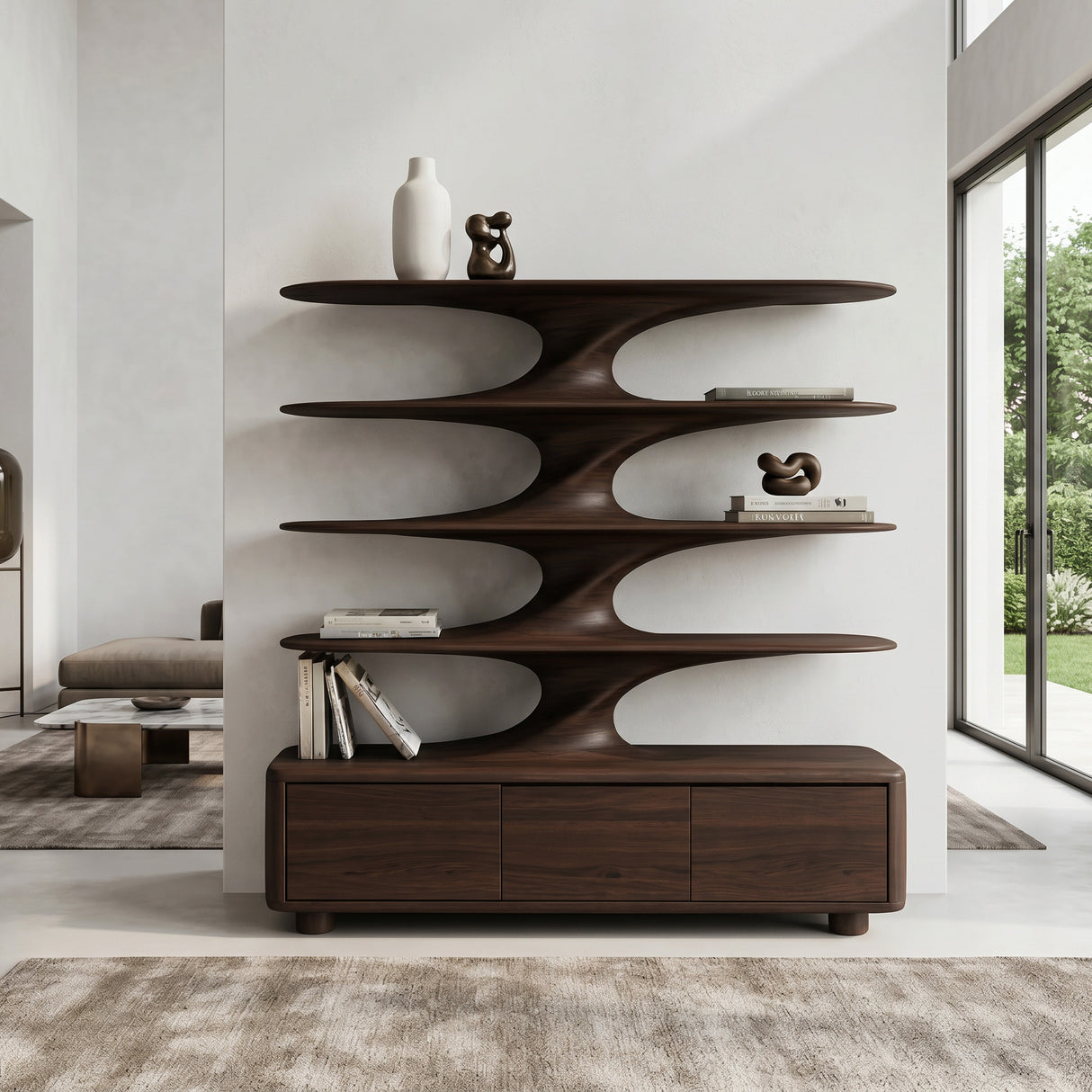 Organic Bookshelf With Twisted Tiers For Home Library
