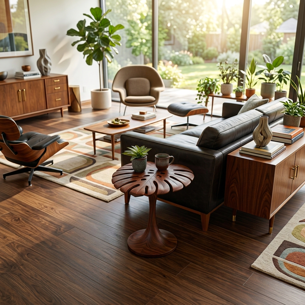Sculptural Wood Side Table With Leaf Shape Top For Living