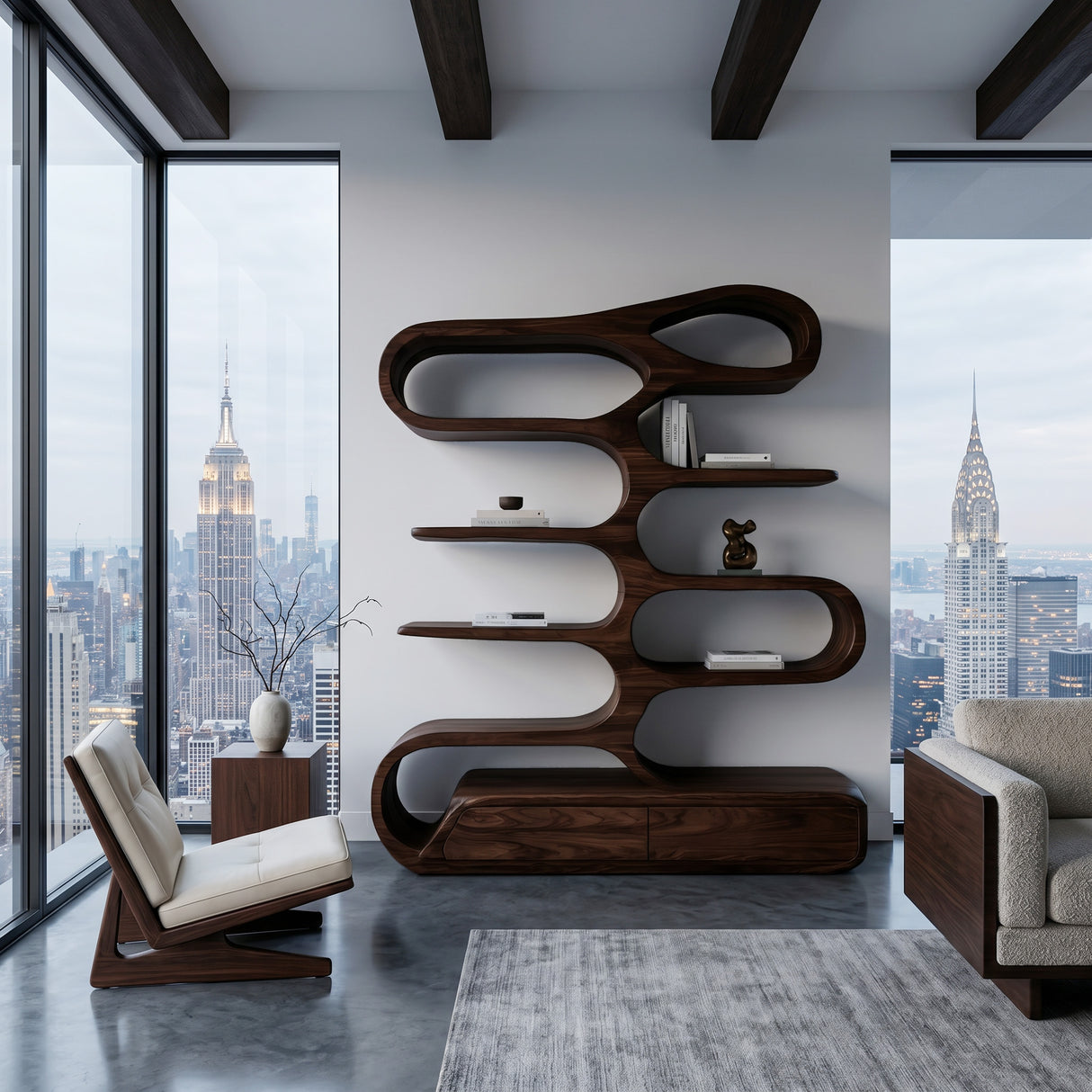 Minimalist Sculptural Bookshelf With Rounded Compartments For Reading Room