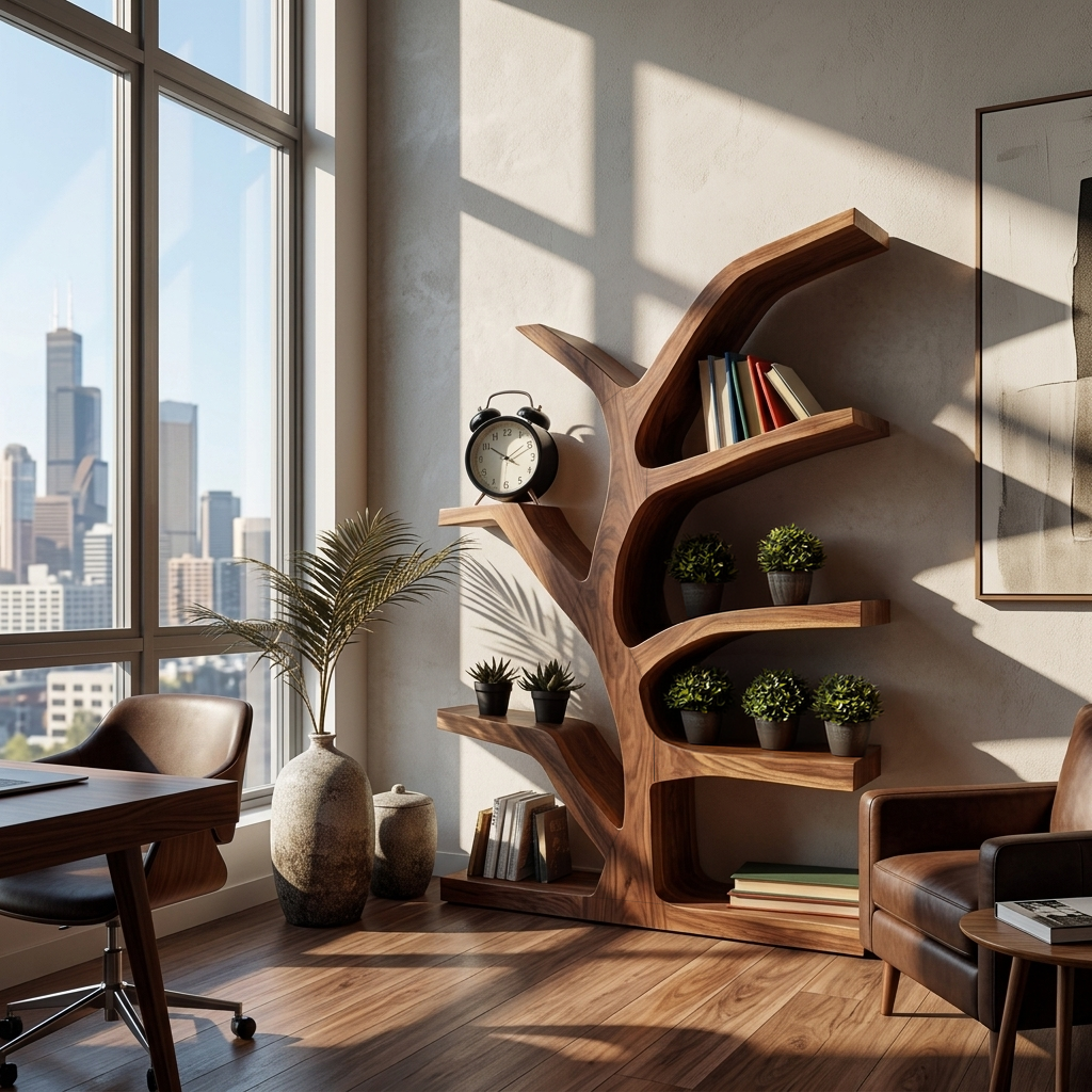Wooden Bookshelf With Organic Form For Living Area