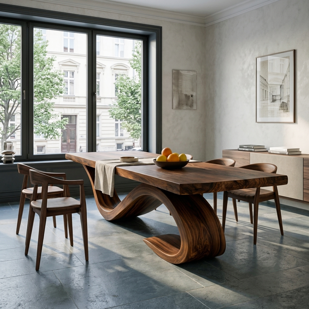 Modern Wooden Dining Table With Curved Base For Dining Area