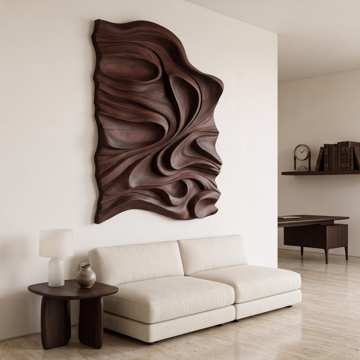 Organic Flowing Carved Wood Art Panel For Living Room