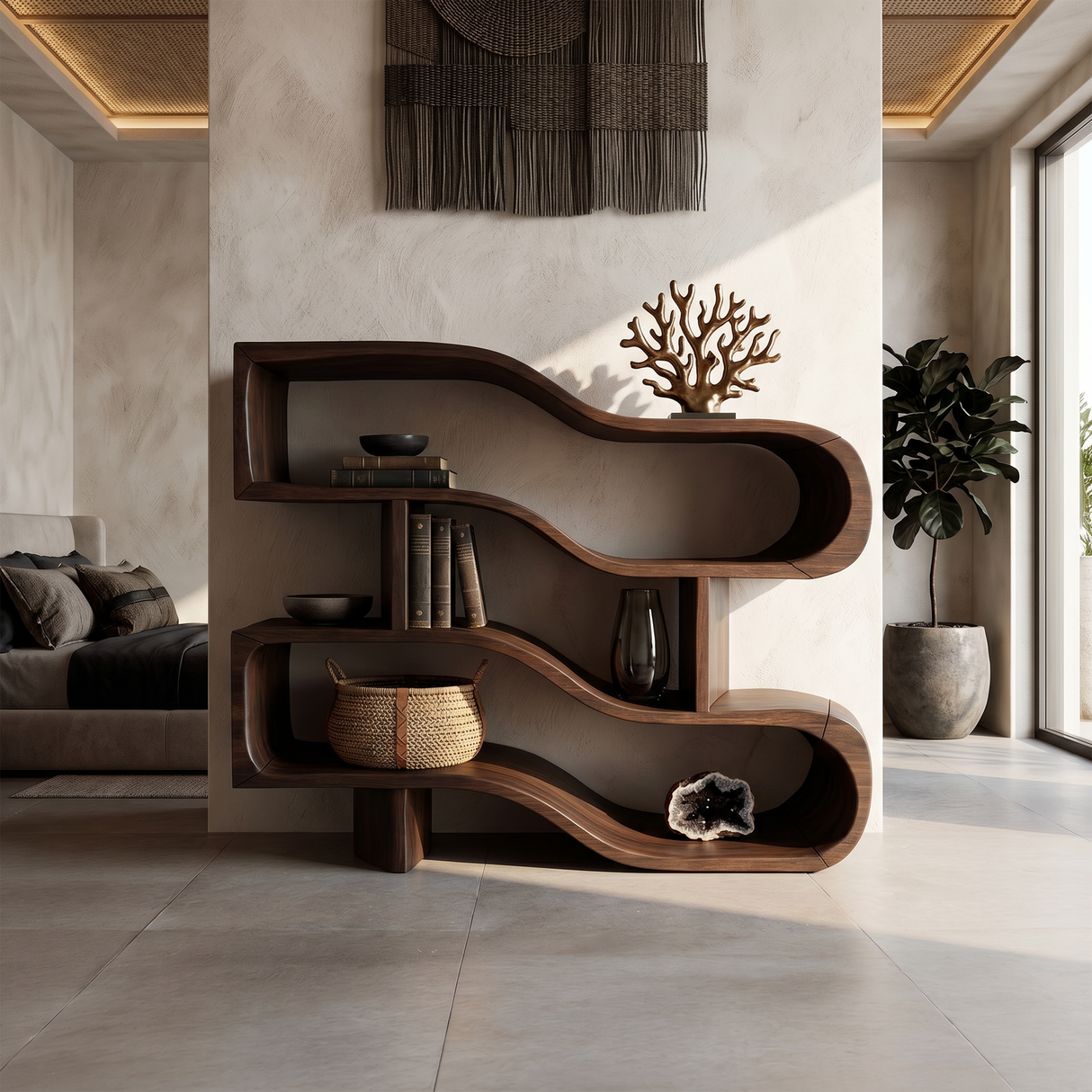 Modern Architectural Wooden Display Shelf With Floating Curves
