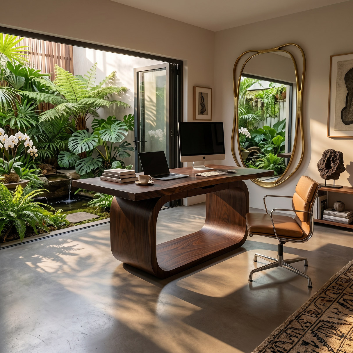 Resort Style Executive Desk With Curved Base For Ocean View Bedroom