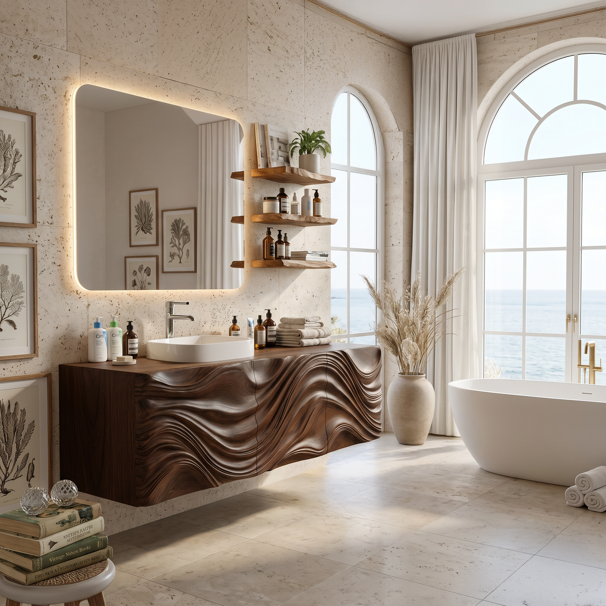 Modern Bathroom Vanity With Ocean Wave Carved Wood Cabinet For Home