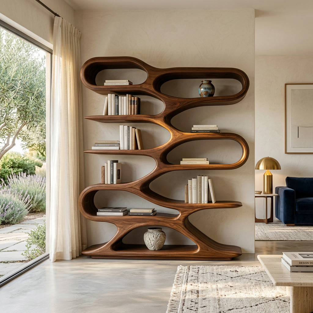 Organic Sculptural Wood Bookcase For Living Room Decor