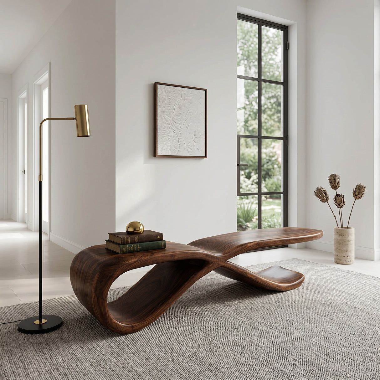 Contemporary Sculptural Wooden Bench For Hallway