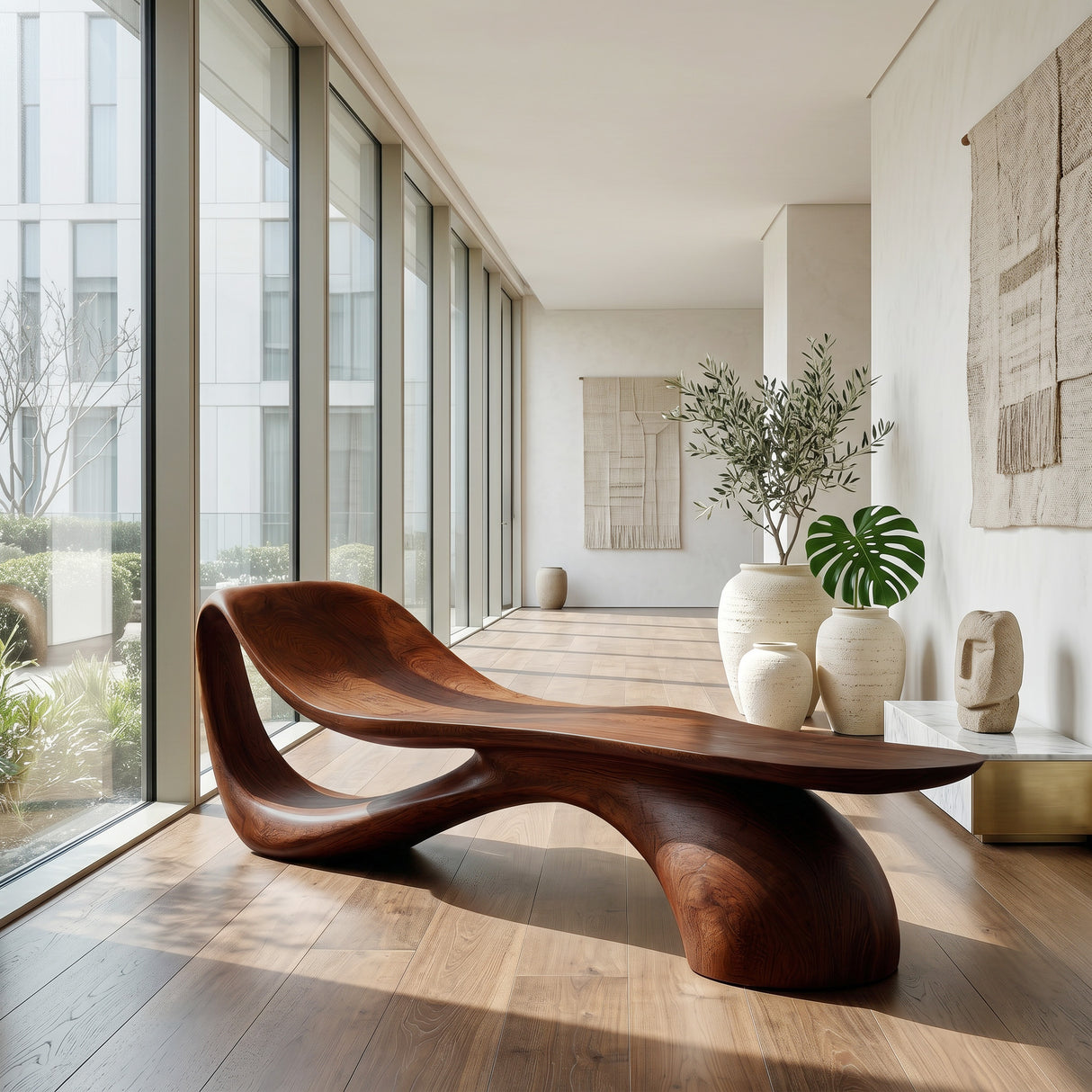 Modern Wooden Bench With Curved Sculptural For Living Decor
