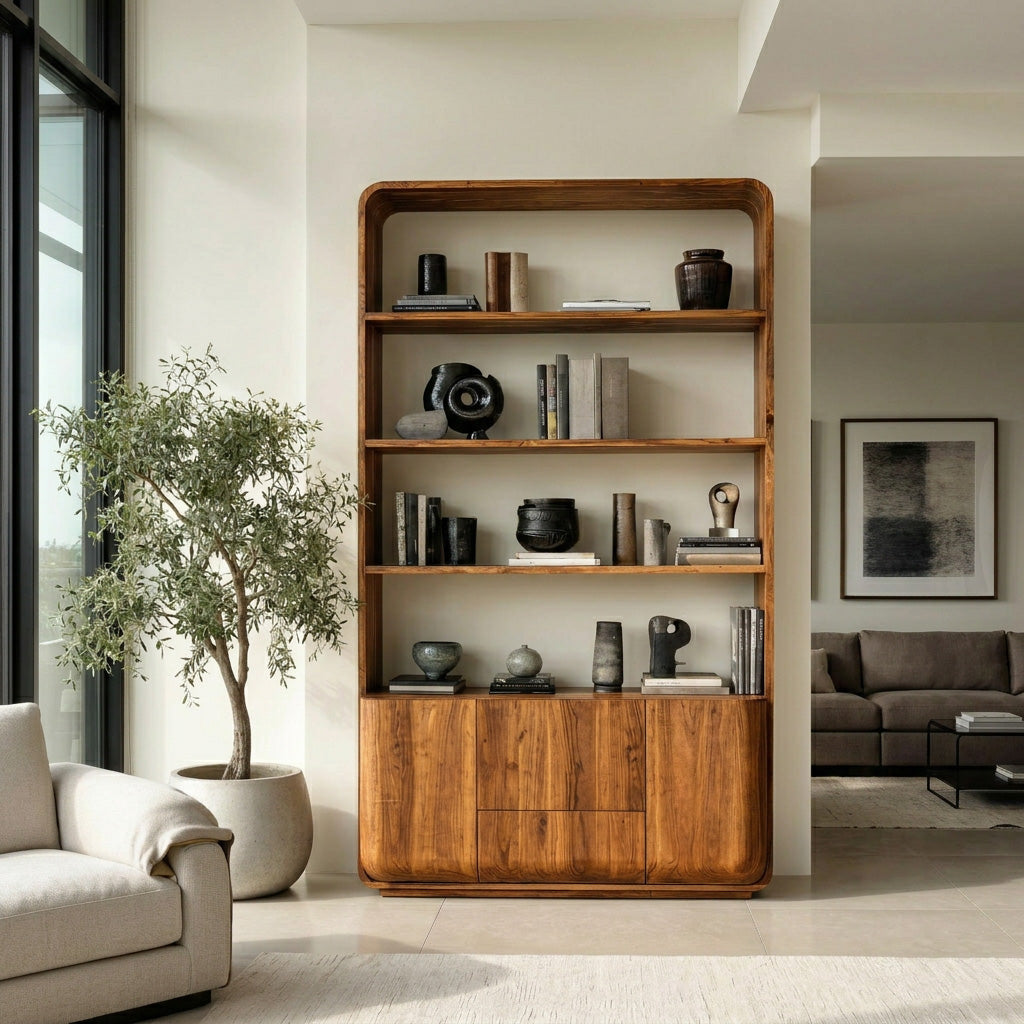Modern Curved Frame Wood Bookshelf With Cabinets