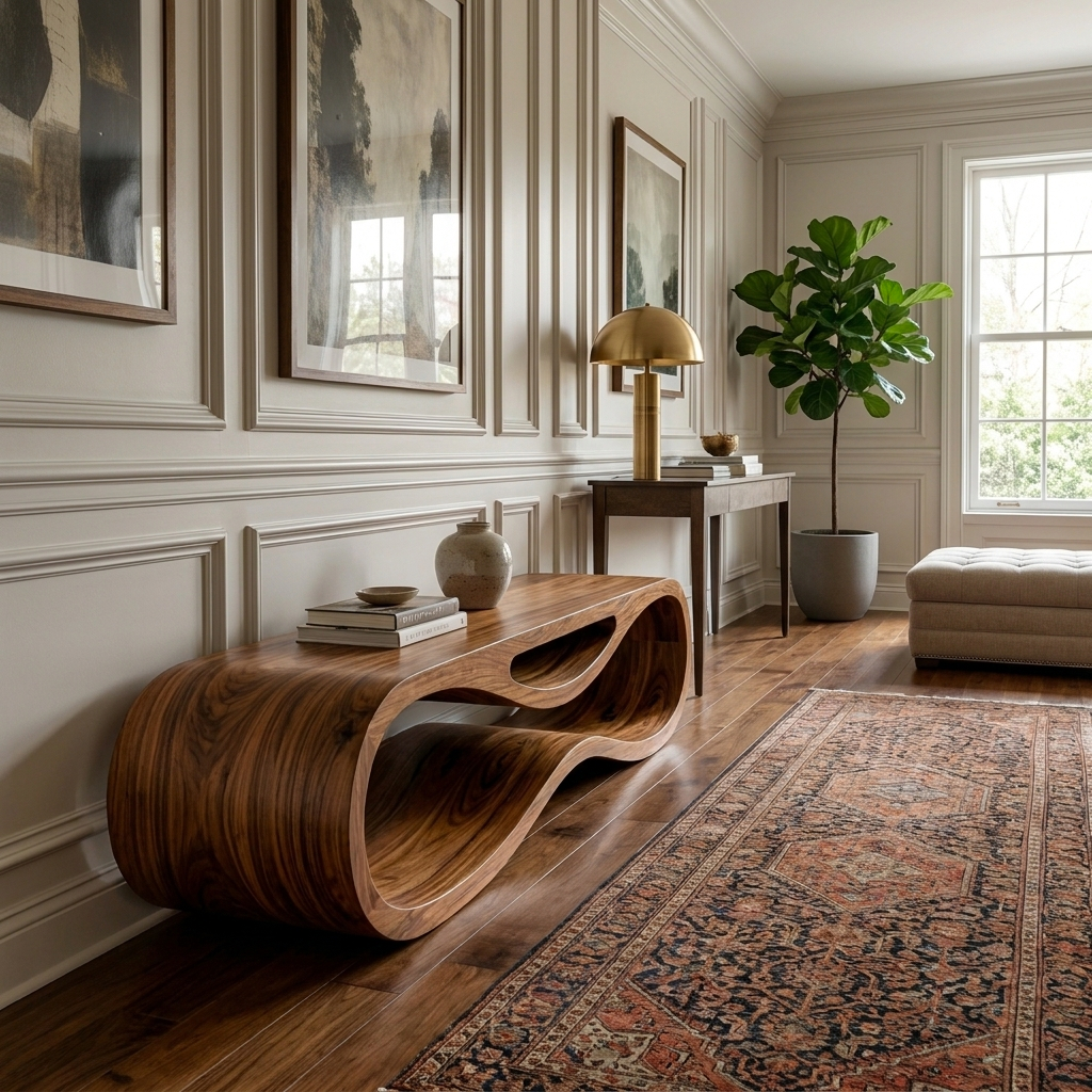 Sculptural Wooden Bench With Unique Wave Base For Entryway