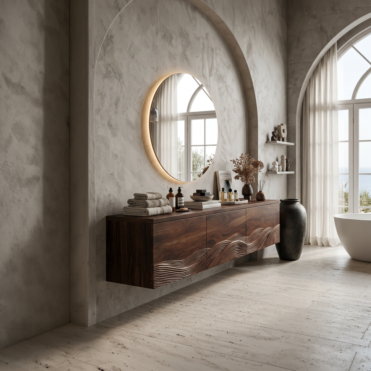 Handcrafted Bathroom Vanity With Wave Relief Wood Cabinet For Bathroom