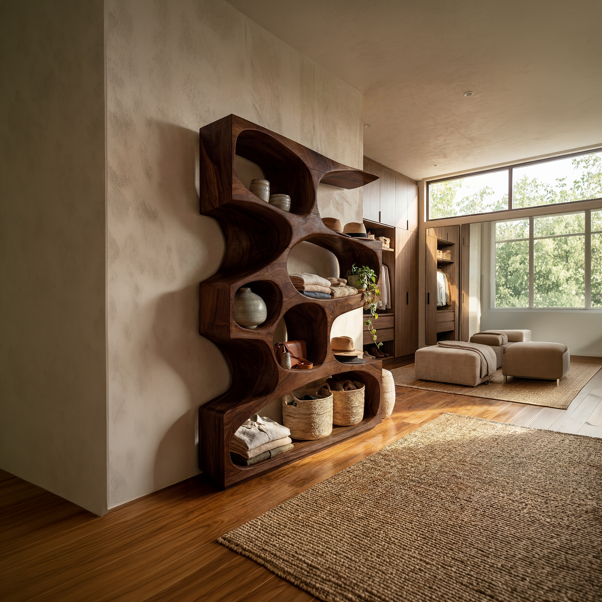 Mid Century Modern Wavy Bookshelf Bedroom Corner Storage