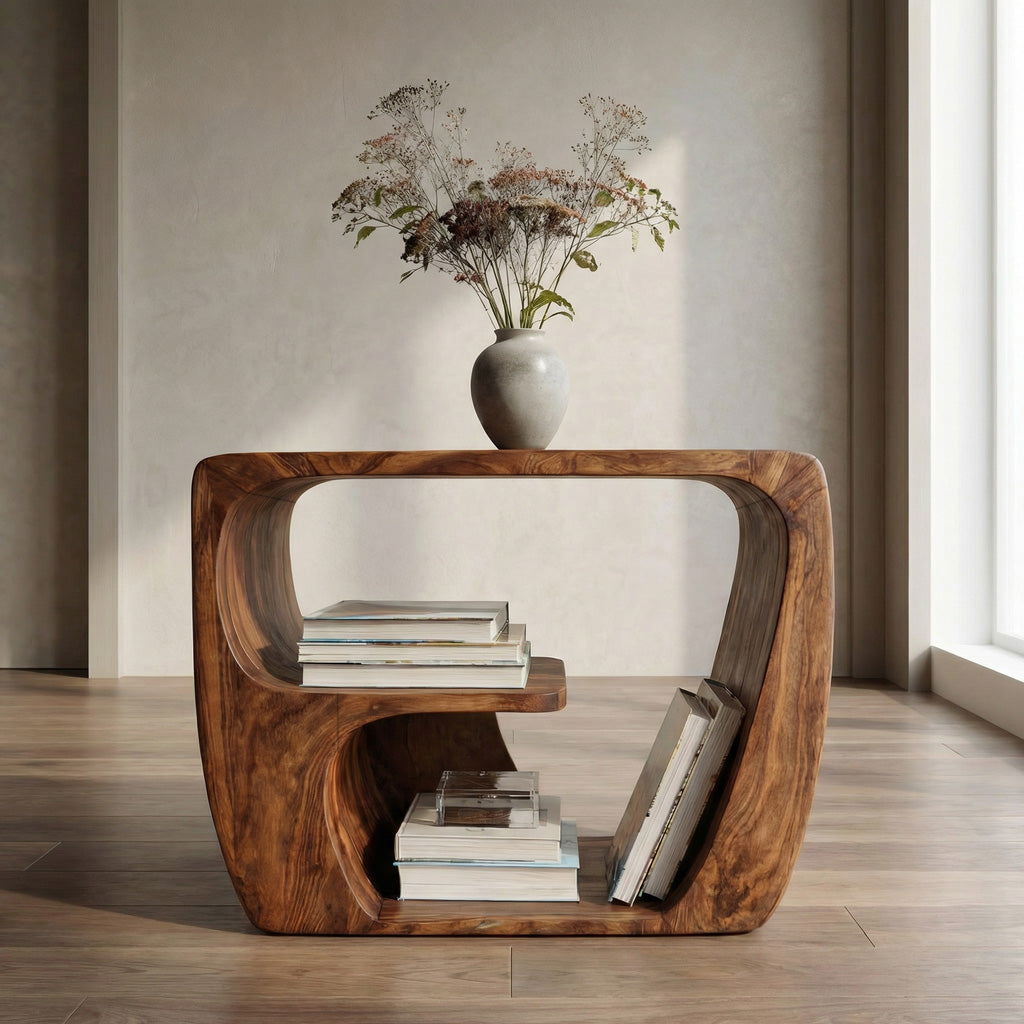 Quiet Luxury Solid Wood Side Table With Curved Design And Open Storage For Living Room