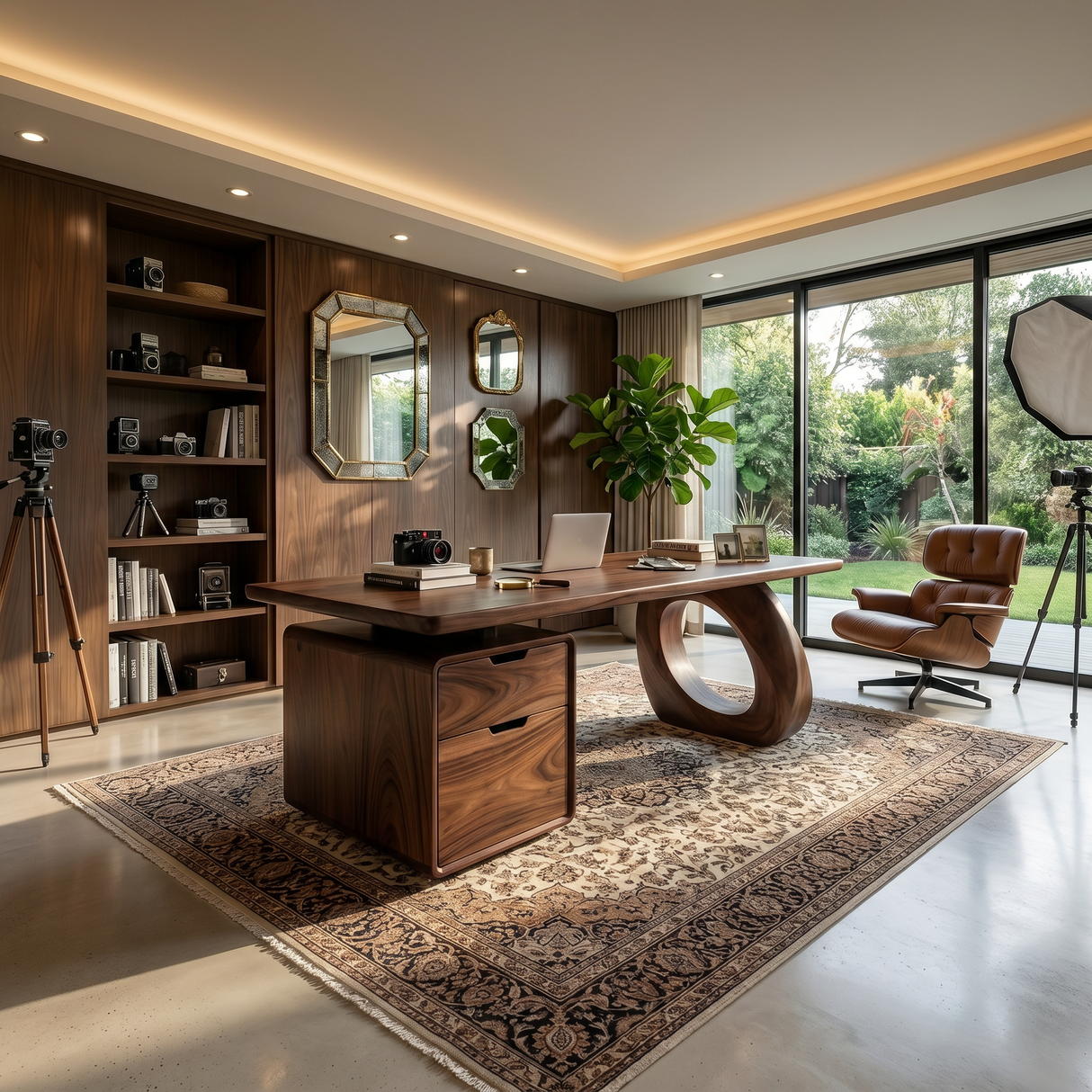 Organic Executive Desk With Bookshelf Storage For Library Office