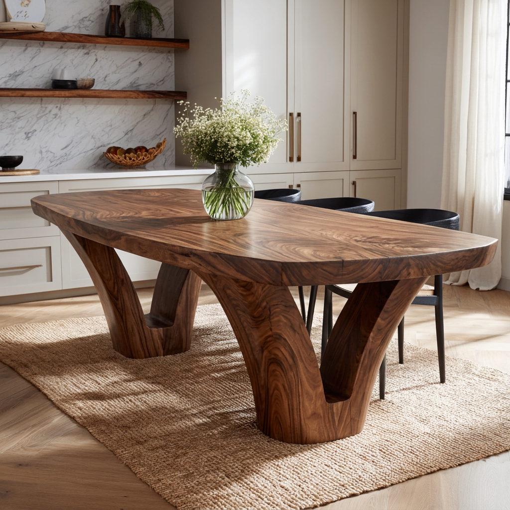 Modern Wooden Dining Table With Unique Base For Kitchen