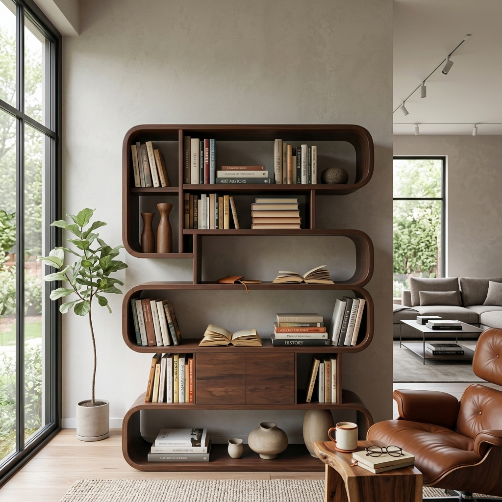 Contemporary Natural Wood Bookshelf With Rounded Form For Home