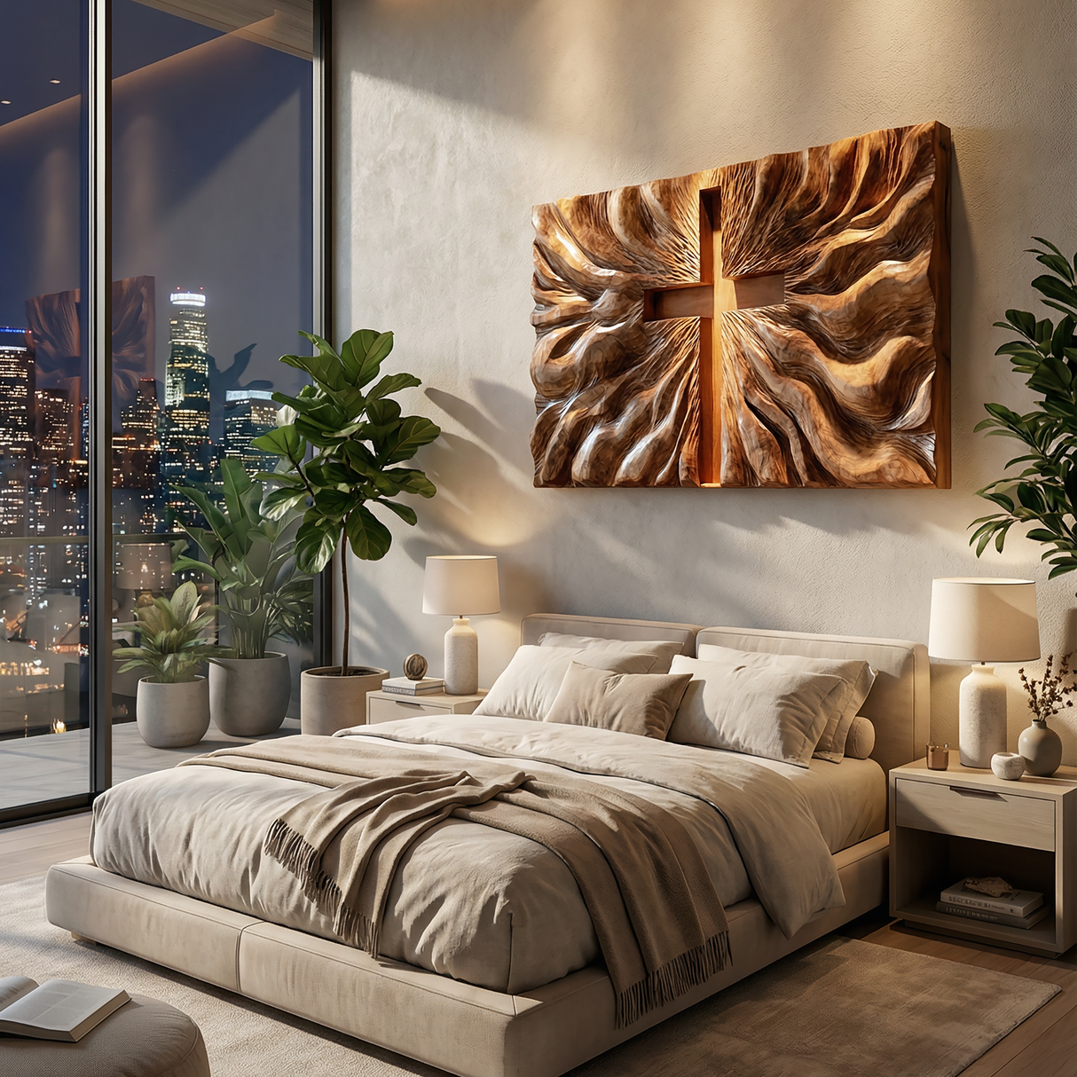 Modern Illuminated Cross Wood Wall Art For Living Room Decor