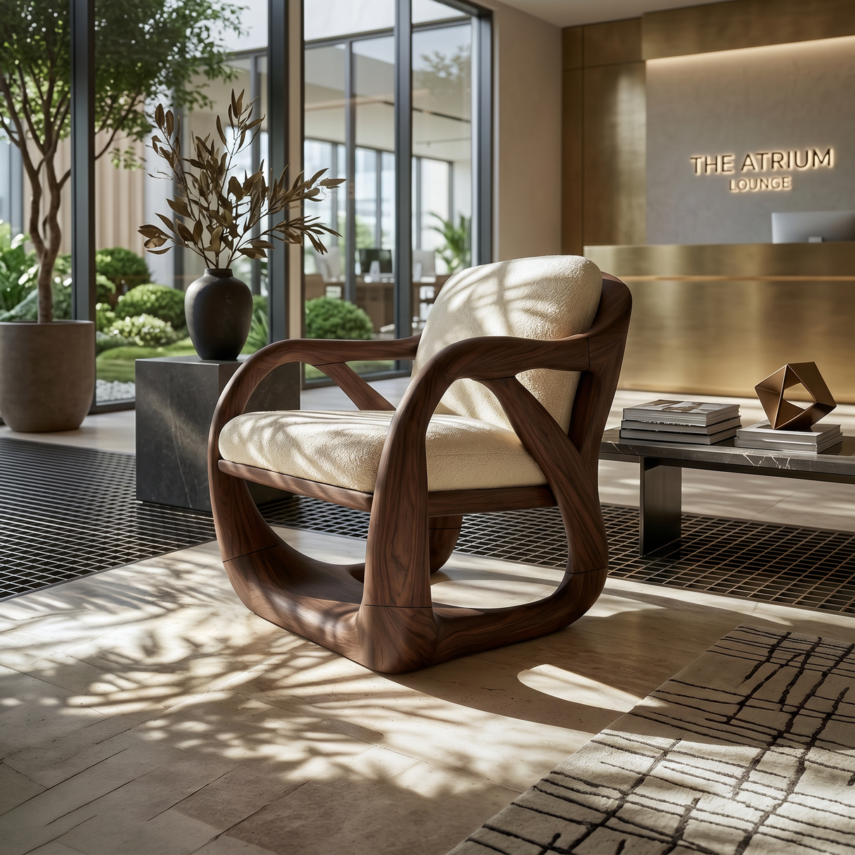 Sculpted Walnut Lounge Chair in a Grand Luxury Living Space