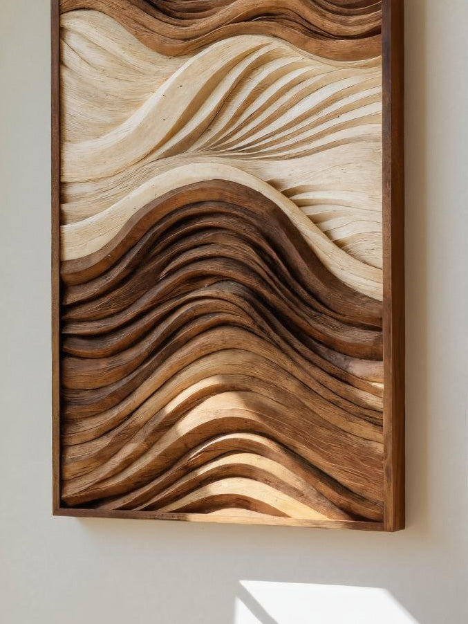 Vertical Sculptural Wall Art With Wave Carved Design For Entryway