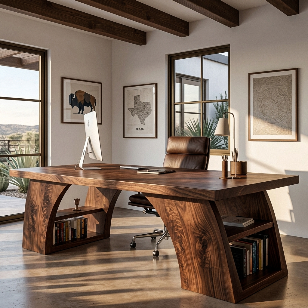 Contemporary Wooden Desk With Open Shelving For Home Office