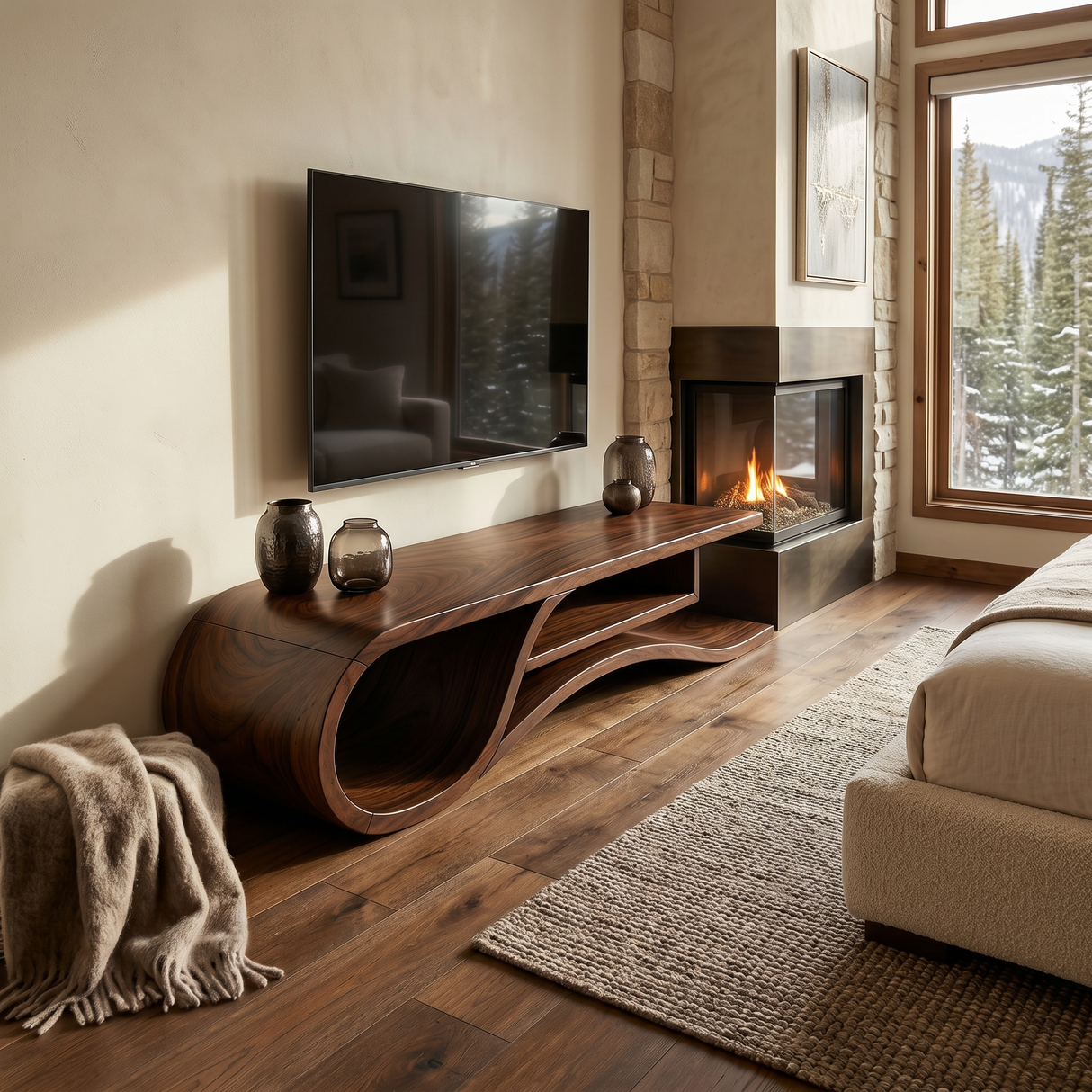 Rustic Curved Media Console For Mediterranean Interior