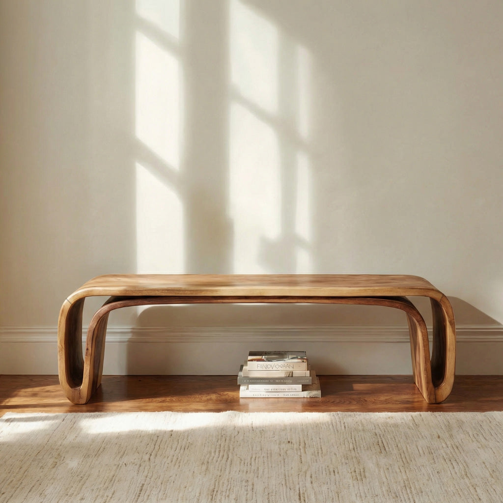 Organic Wood Bench With Unique Curved For Hallway