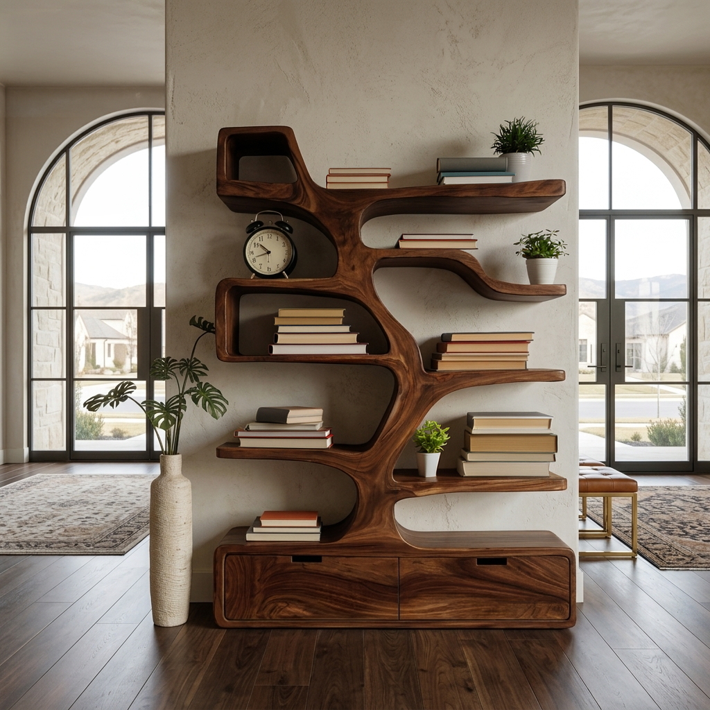 Contemporary Wooden Bookshelf Sculpted Design For Living Space