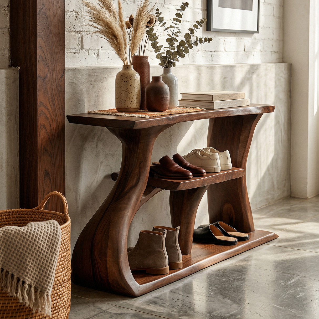 Mid Century Shoe Rack Shelf For Foyer Hallway Living Setting