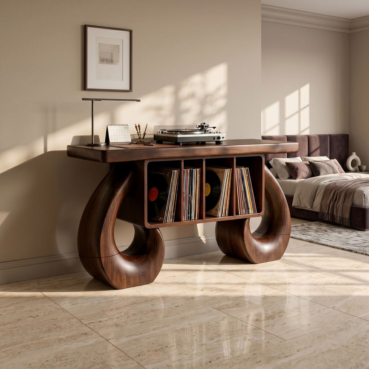 Sculptural Loop Record Player Console Contemporary Interior