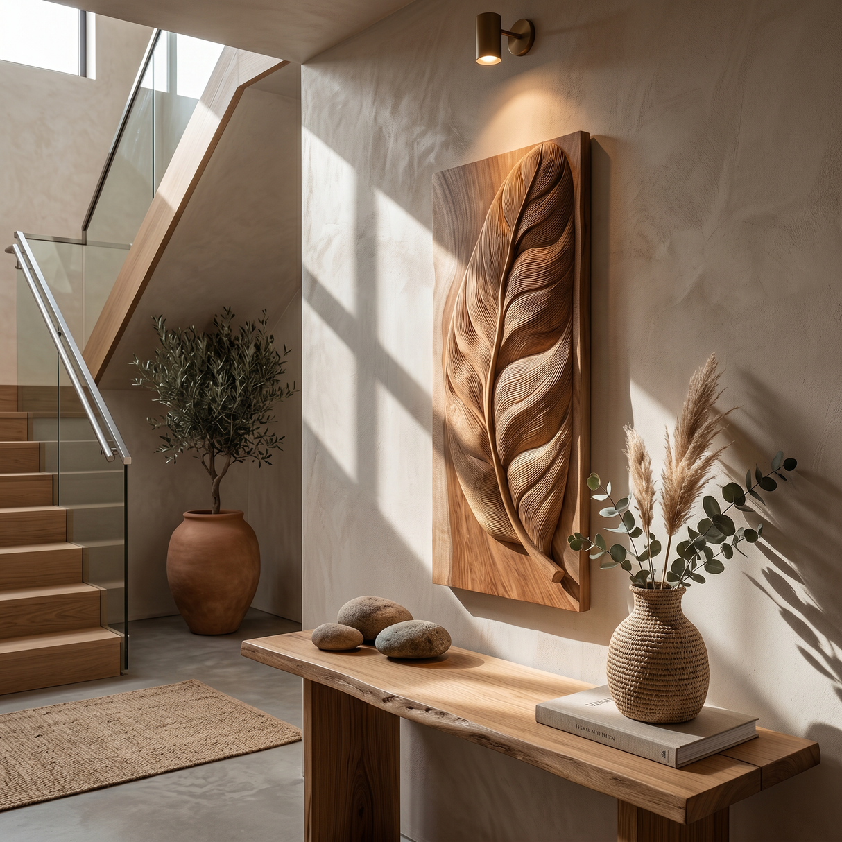 Rustic Wall Art With Carved Leaf Design For Entryway