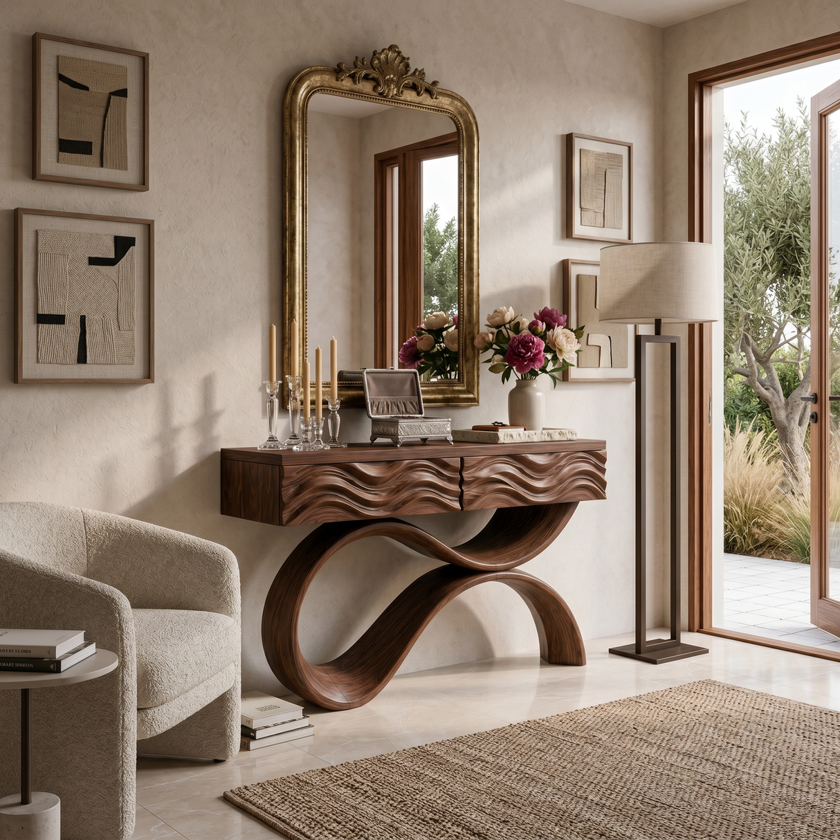 Modern Wood Console Table With Elegant Curved Base For Entryway