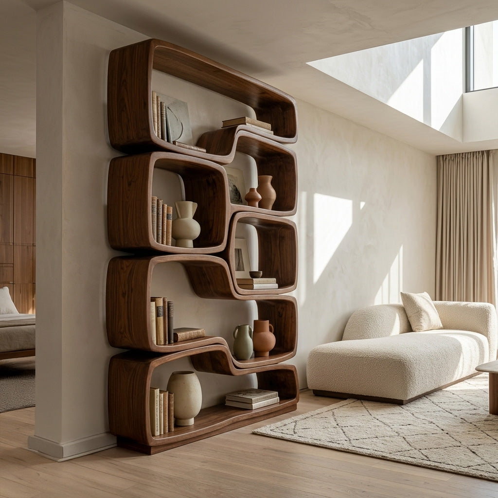 Contemporary Sculptural Natural Wood Bookshelf For Living Room