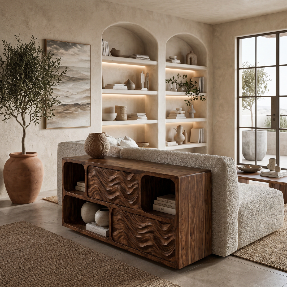 Modern Console Table With Carved Doors And Open Shelves For Entryway